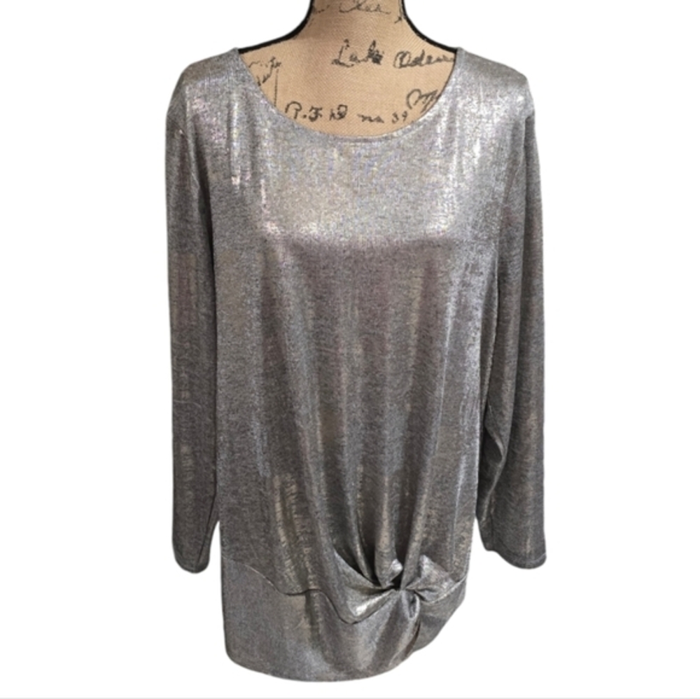 Lane Bryant Silver Metallic Knot Front Top 22/24 3X Long Sleeve Shimmer Scoop